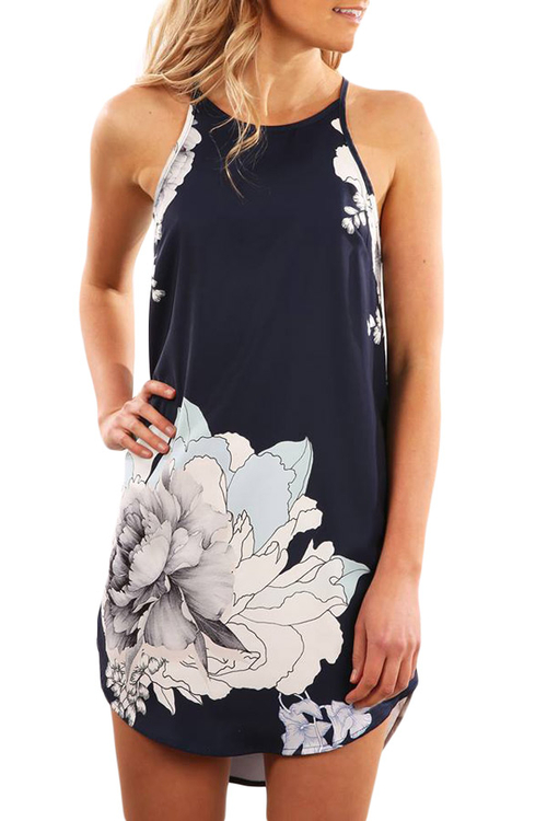 Blooming Peony Print Navy Sleeveless Dress