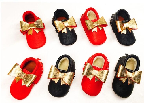 Winter Big Gold Bow Genuine Leather baby girls