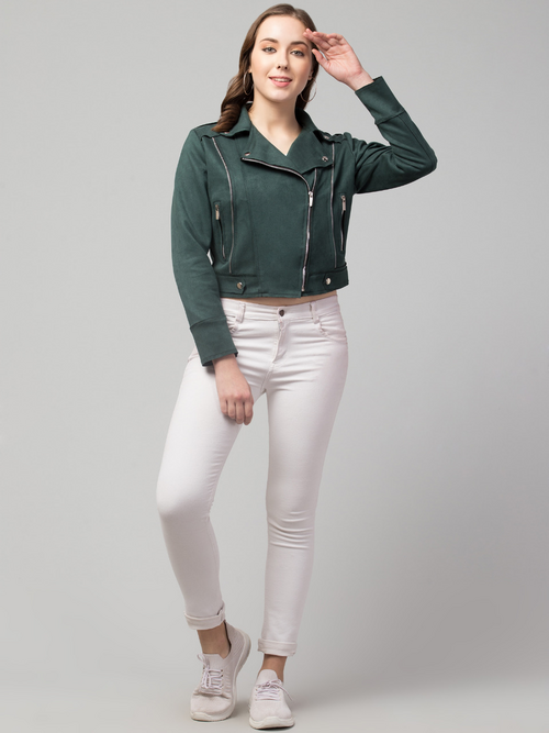 Women Classic Zipper Suede Biker Jacket (Color Dark Green) (Size M)