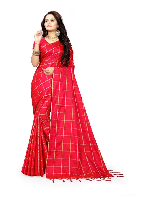 Red Color Sana Checks  Saree