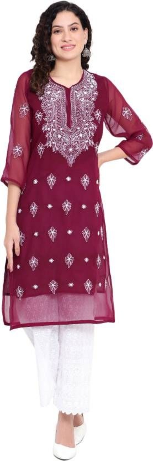 Women Chikanari Embroidery Georgette Straight Kurta Handwork Design
