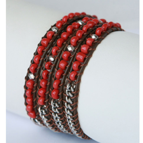 Zirconmania 610B-8695RED Silver and Leather Red Beaded Wrap Bracelet