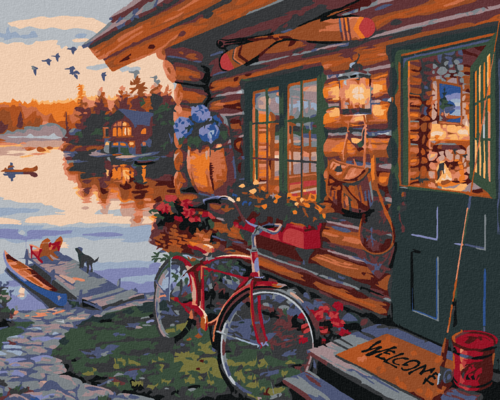 Zuty - Paint by Numbers - BICYCLE BY A HUT AND A LAKE (DARRELL BUSH),