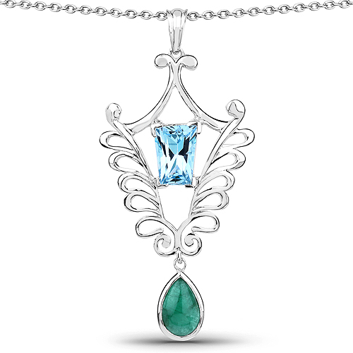 9.23 Carat Genuine Emerald and Swiss Blue Topaz .925 Sterling Silver