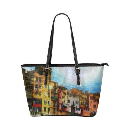 Large Leather Tote Shoulder Bag - Architectural Multicolor