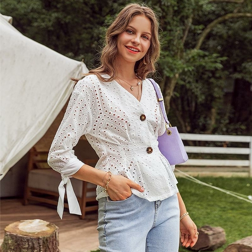 Casual solid white women cutout blouse Elegant Lantern sleeve v-neck