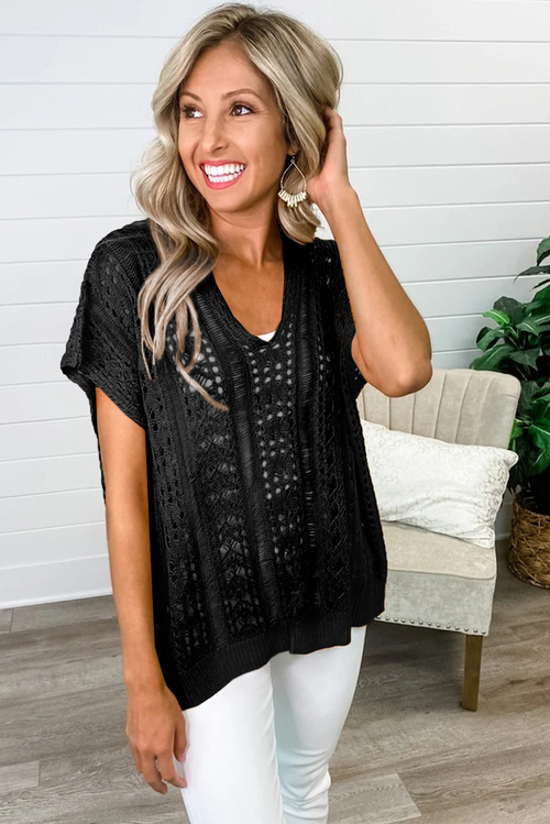 Black Hollow-out Knit Top