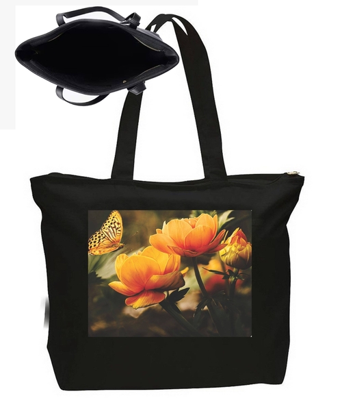 Butterfly and Flowers Large New Zipper Tote Bag