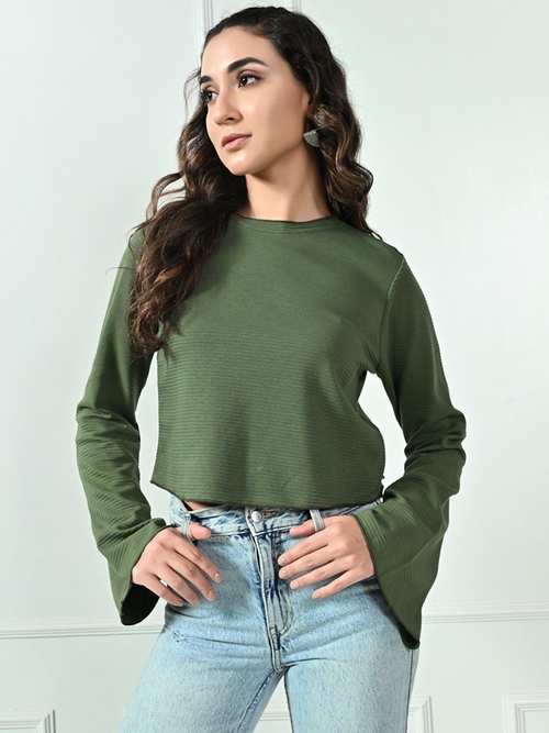 Women Bell Sleeves Casual Cropped Top (Color Olive) (Size XL)