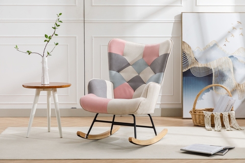 Modern Patchwork Accent Chair with Solid Wood Armrest and Feet,