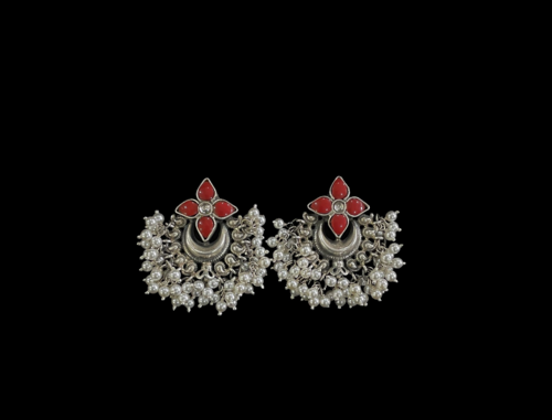 Coral & White Kundan Flower work On Silver With Silver Chaand & Pearls