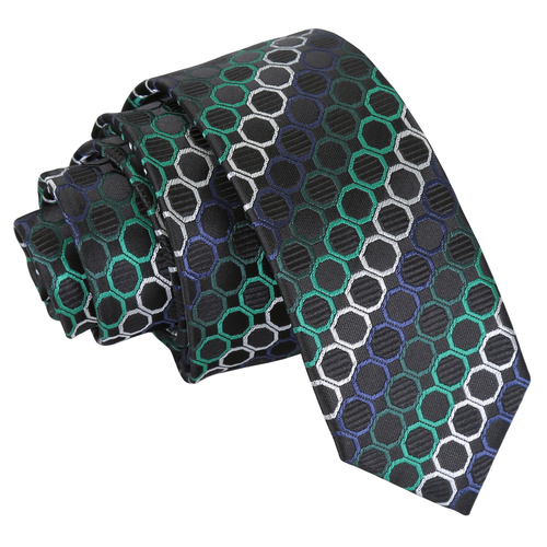 Honeycomb Polka Dot Skinny Tie - Black, Green & Silver