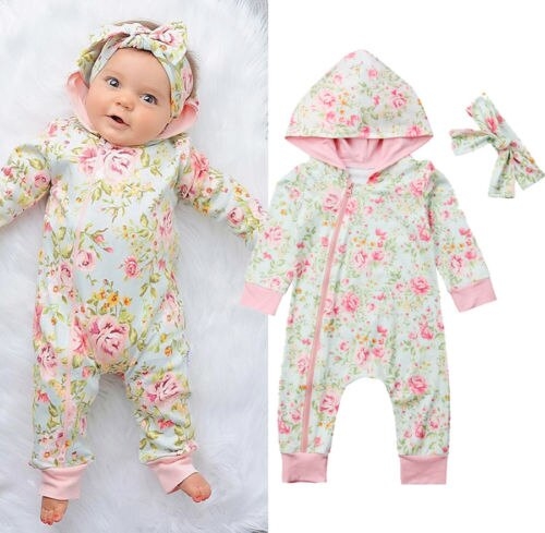 Sweet Newborn Baby Girls Floral Hooded Zipped