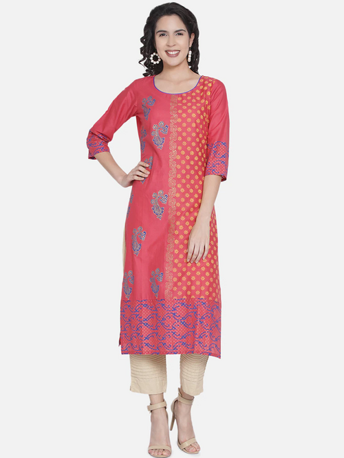 Women's Embelished Floral straight kurta (Size-S) (Color-RED)