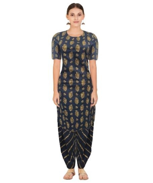 Women Kurta with Salwaar Gold Printed Gown (Black)