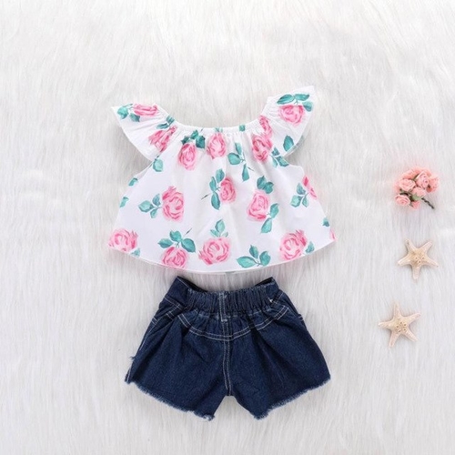 018 New Summer Casual Children Sets Flowers O-neck