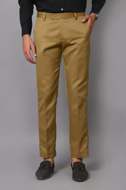 Men Regular Fit Khaki Cotton Blend Trousers (Size M)