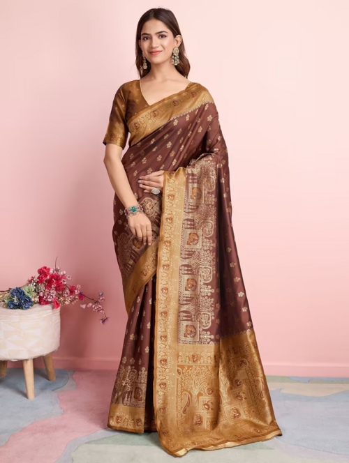 women self design banarasi saree BROWN