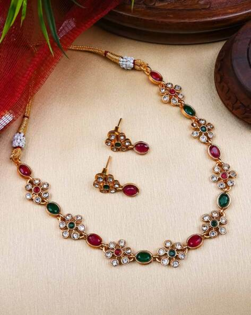 Stone-Studded Copper-Plated Necklace & Earing Set