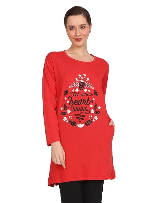 Women Cotton Printed Pocket Long T-Shirt
