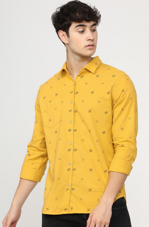 Men Slim Fit Printed Casual Shirt (Color Yellow) (Size L)