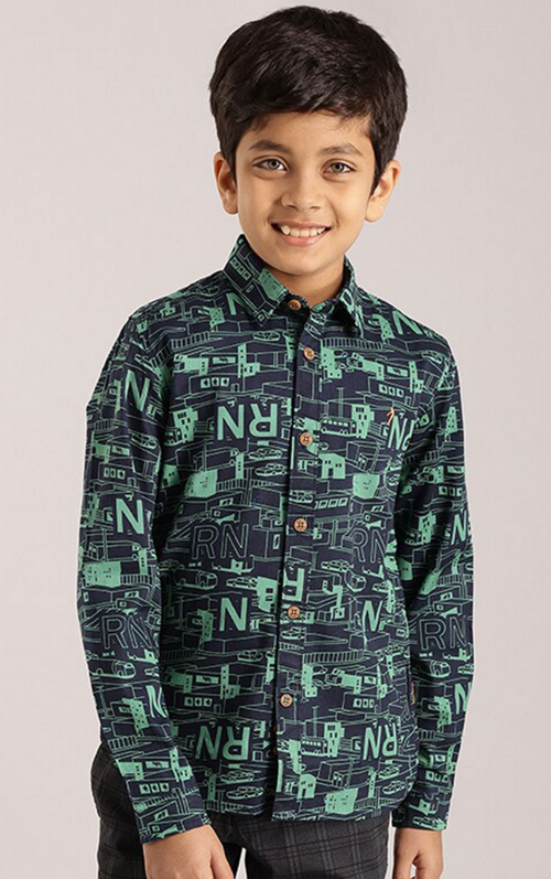 Boys Abstract Printed Pure Cotton Casual Shirt (Color Navy Blue) (Size