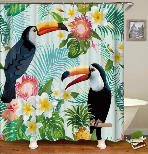 Tropical Vibes Toucans And Plumeria Shower Curtain