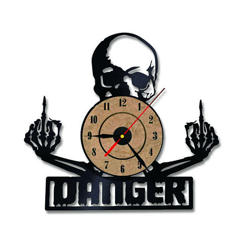 DANGER SKULL HANDMADE VINYL RECORD WALL CLOCK DECOR