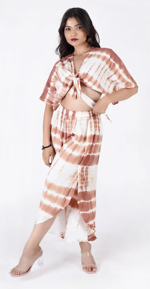 Women's Tie Dye Summer Two Piece Set Dress (Color Brown & White) (Size