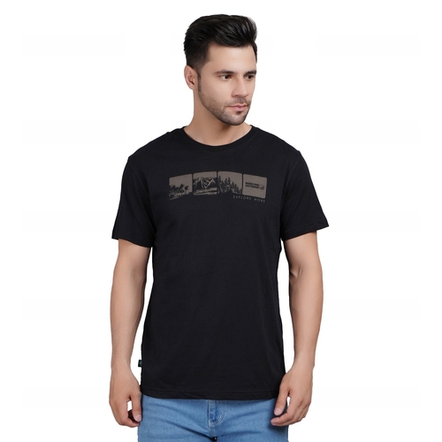 Men Printed Round Neck Cotton Black T-Shirt (Size M)