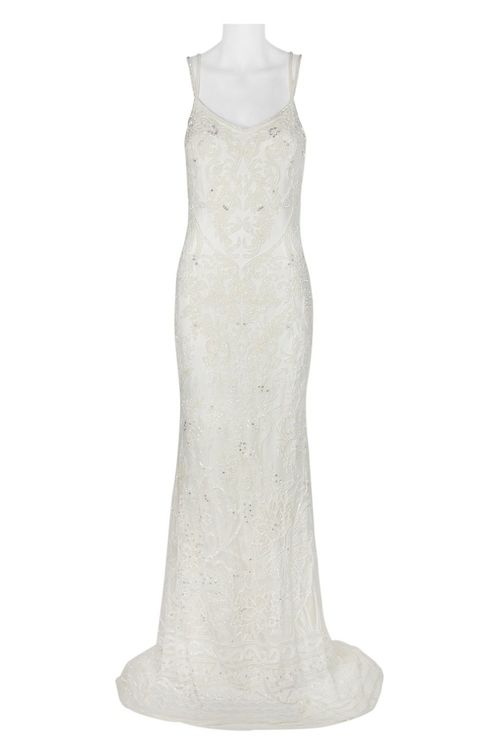 Theia Spaghetti Strap Zipper Back Bodycon Embellished Mesh Dress