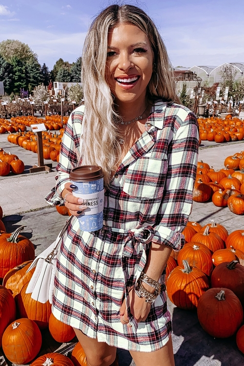 Red Plaid Buttoned Shirt Mini Dress with Waist Tie