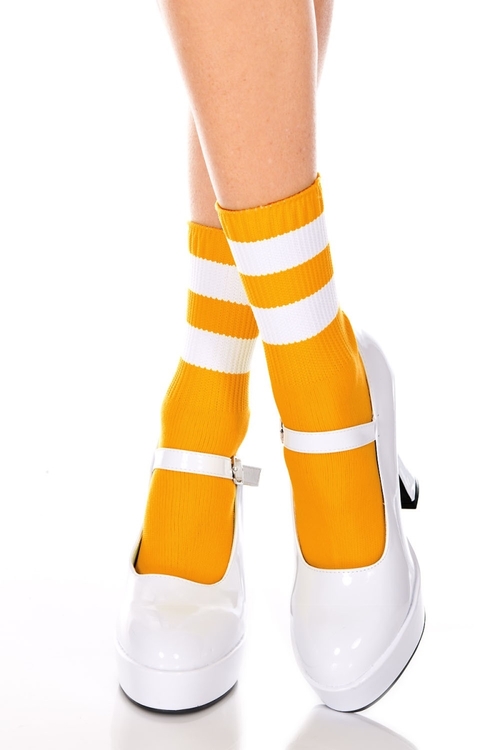 Music Legs 526-NEON ORANGE-WHI Acrylic Ankle High with Striped Top Soc