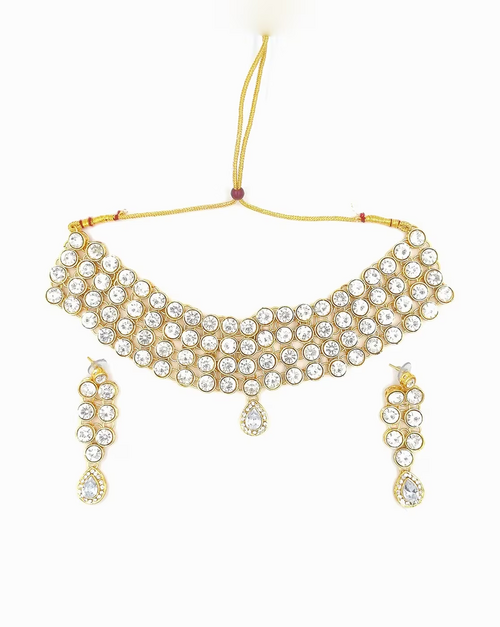 Gold-Plated Stone-Studded Necklace & Earrings Set Shinning  Stone