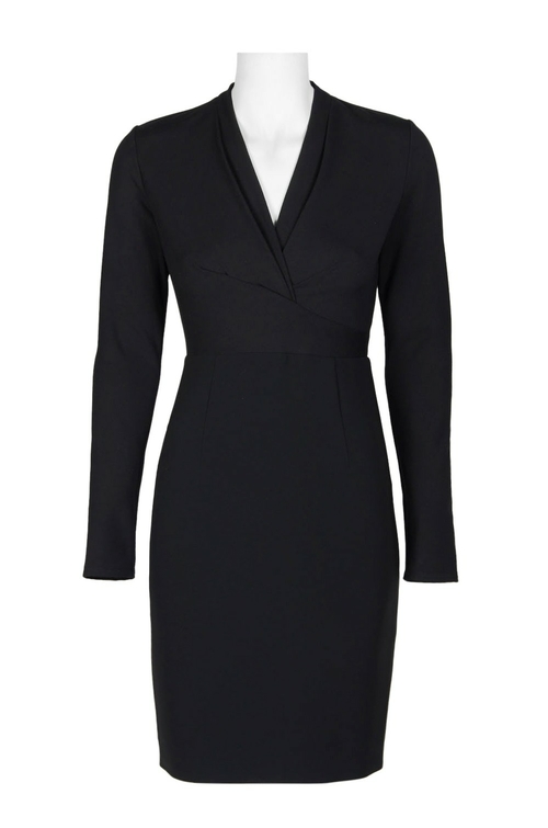 Elie Tahari Pleated V-Neck Long Sleeve Zipper Back Modeal Crepe Dress