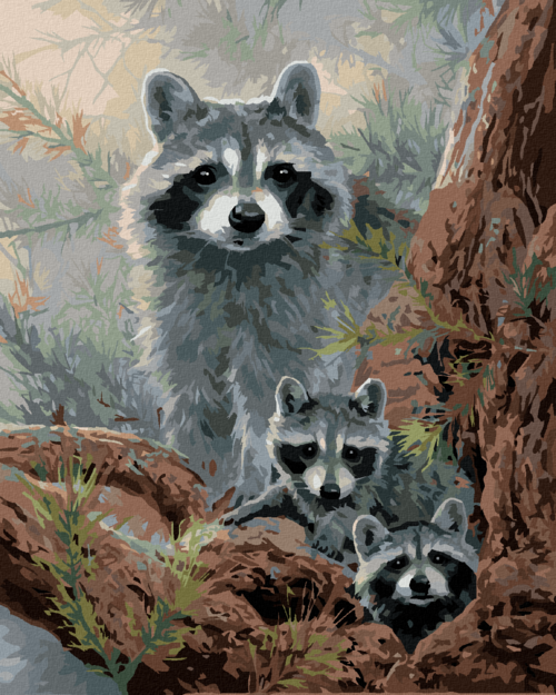 Paint by Numbers - RACCOON WITH KITS BY A TREE (ABRAHAM HUNTER)