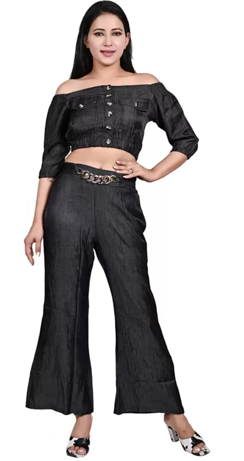 Women Cotton Blend Crop Top Palazzo Set (Color Black) (Size M)