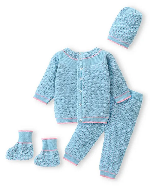 Knitted Full Sleeves Front Open Sweater Set with Cap & Pair of Booties