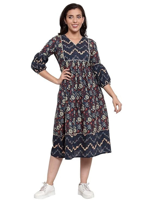 Cotton Purssine Geomatric Print A-Line Dress (Size-M) (COLOR-BLUE)