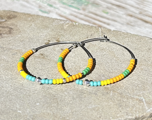 Spring Orangey Color Mix Beaded Hoop Earrings