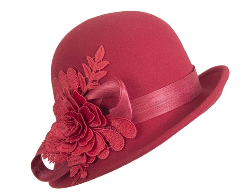 Red felt cloche hat with lace