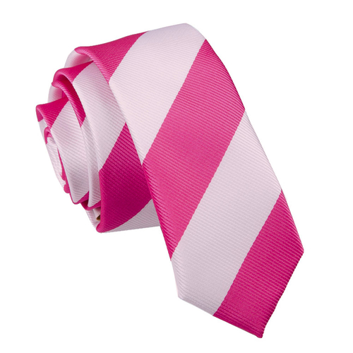 Striped Skinny Tie - Hot Pink & White