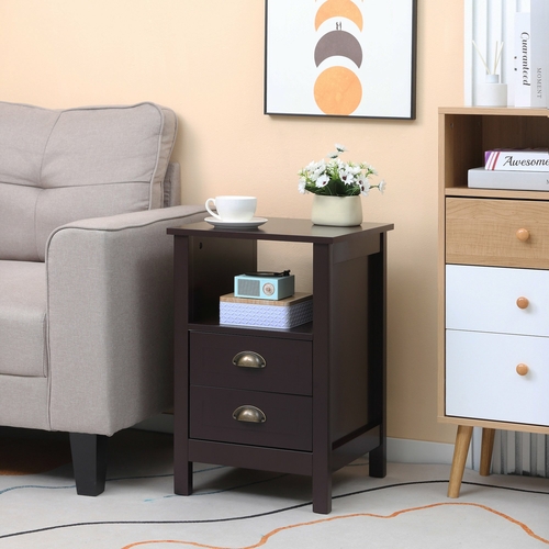 HOMCOM Modern End Table with 2 Drawers and Storage Shelf, Accent Sofa