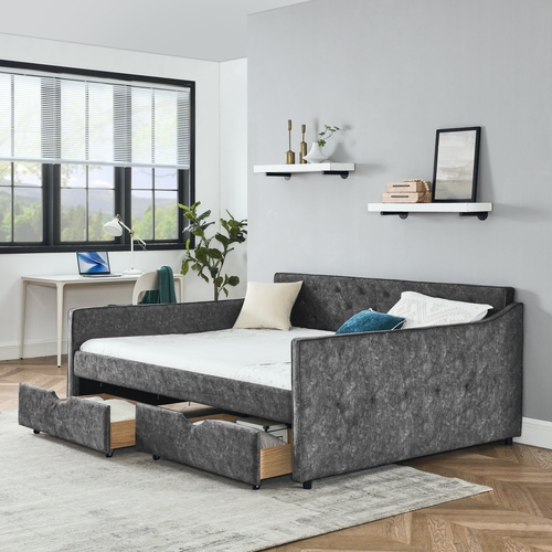 Queen Size Daybed with Drawers Upholstered Tufted Sofa Bed,with Button