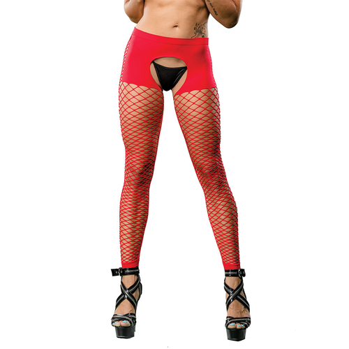 Crotchless Short Style With Mesh Bottom Leggings - One Size - Red