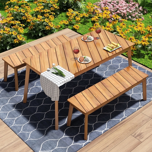 3 Pieces Acacia Wood Table Bench Dining Set For Outdoor & Indoor