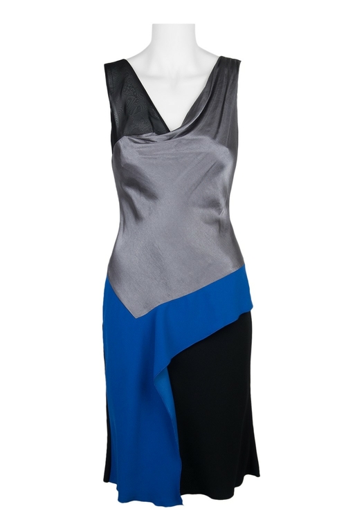 Anne Klein Cowl Neck Sleeveless Color Block Multi-Fabric Viscose Silk