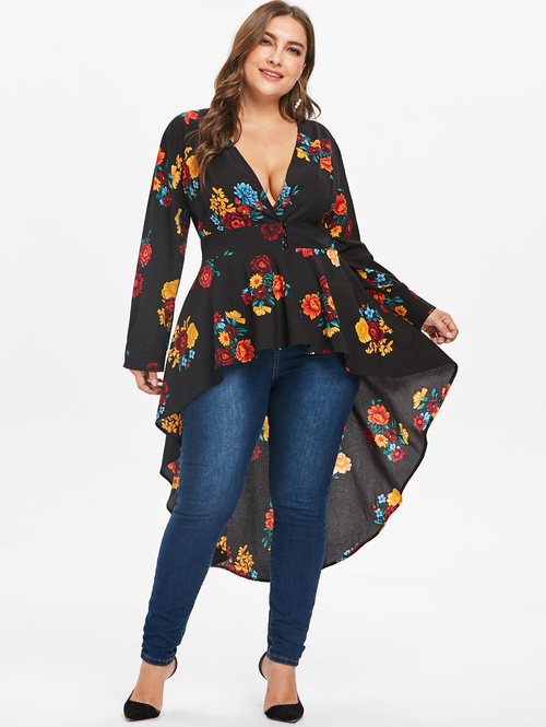  Plus Size Plunging Neck High Low Floral