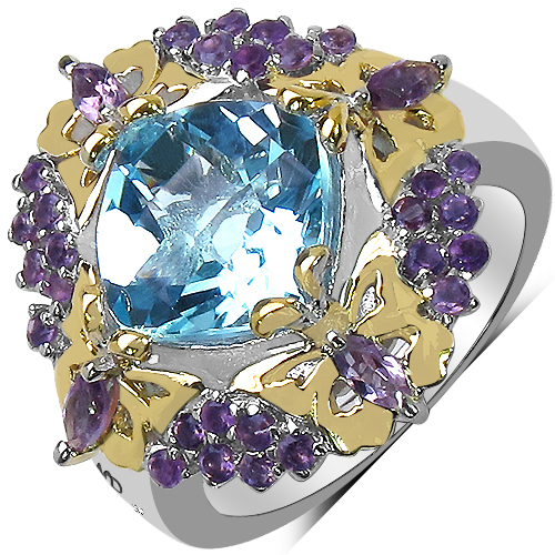 5.66 Carat Genuine Blue Topaz, Amethyst & White Diamond .925 Sterling