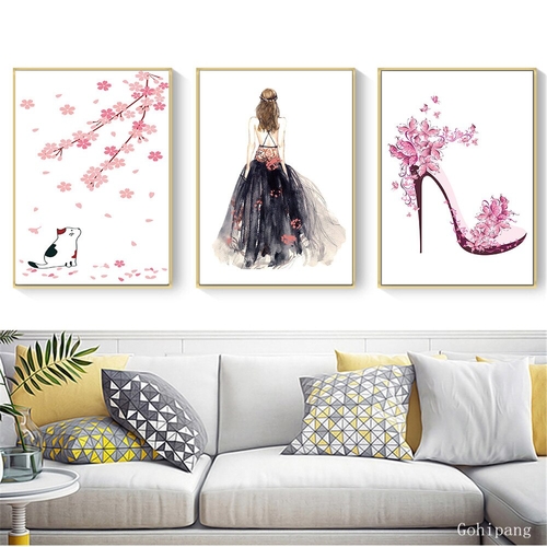 Abstract Wall Art Cute Pink Flowers Cat High heels